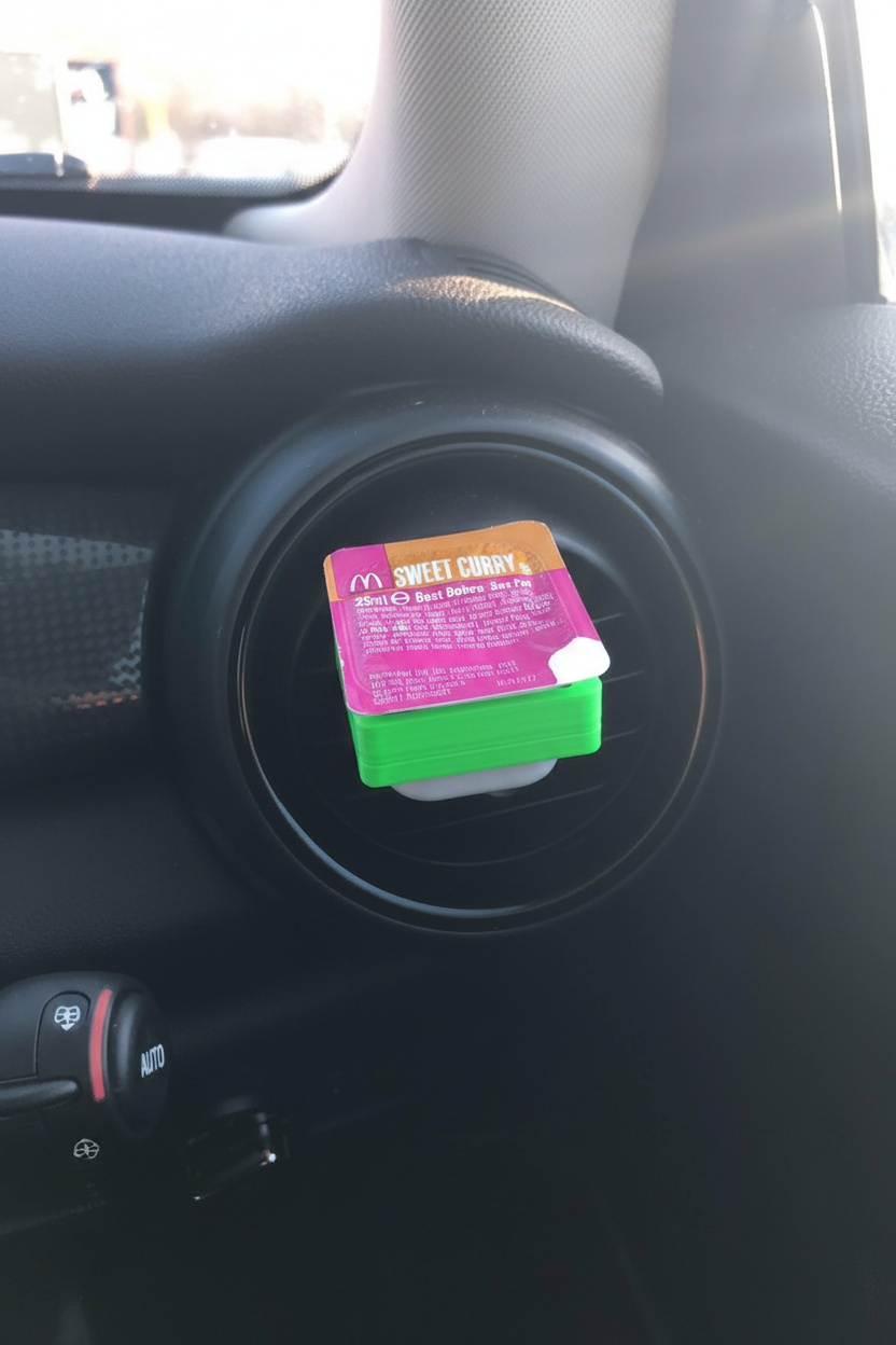 Green 3D printed sauce holder clipped onto car air vent holding a McDonald's sweet curry sauce pot
