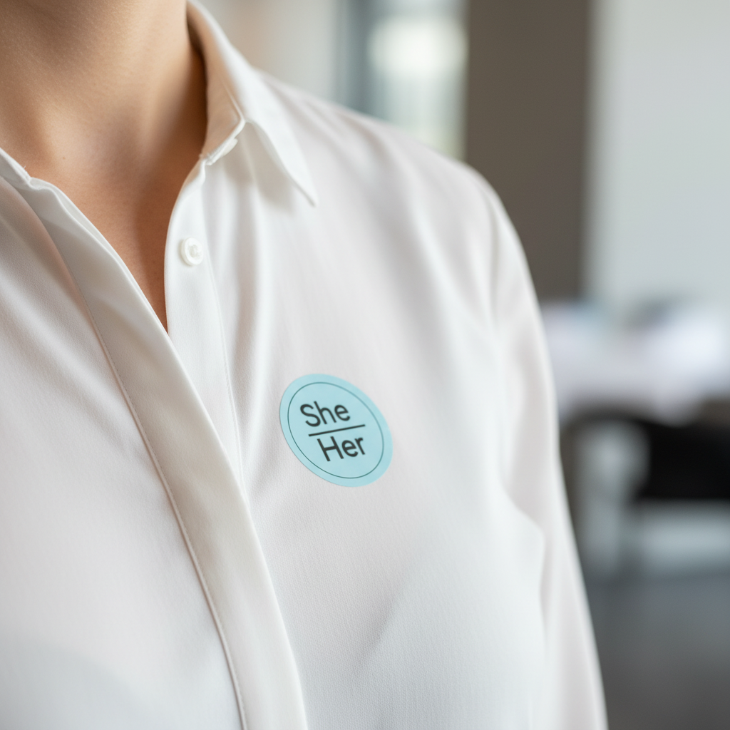 She/Her sticker on white shirt