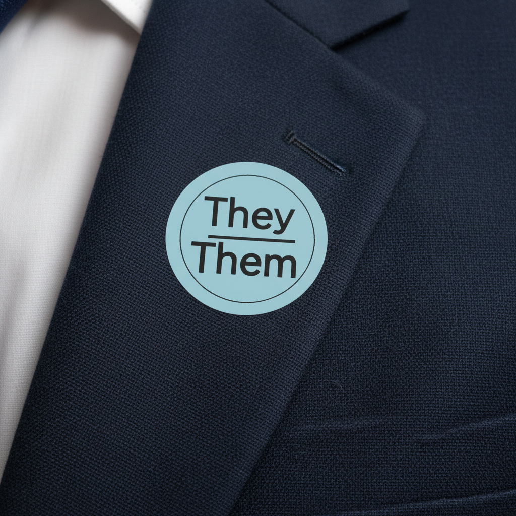They/Them sticker on navy blazer